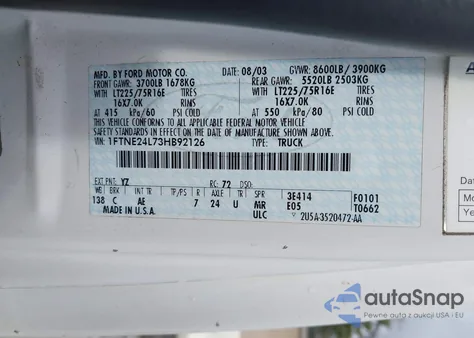 2003 Ford E-250 Commercial/Recreational from USA, damaged, VIN 1FTNE24L73HB92126